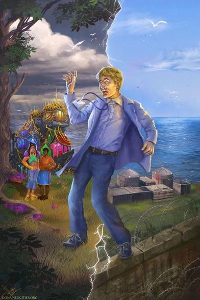 A man in a lab coat with a surprised expression on his face straddling the line between two worlds separate by a lightning strike. On the right is a peaceful yet grey world showing a seaside nuclear plant. On the left is a colourful world with lush nature, two strangely dressed characters standing near a tree as if to welcome the man into the new world.