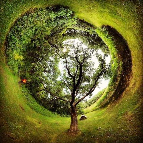 One of a series of photographs in which two people are pictured hiking, biking, and kayaking throughout a beautiful and verdant state park in central Minnesota under cloudy blue late-summer skies.