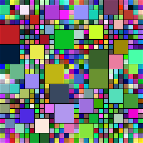 A computer generated picture of multicoloured squares of various sizes packed into a 29 by 29 grid