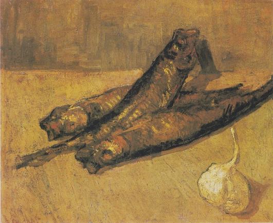 Still life with buckling and garlic-onion