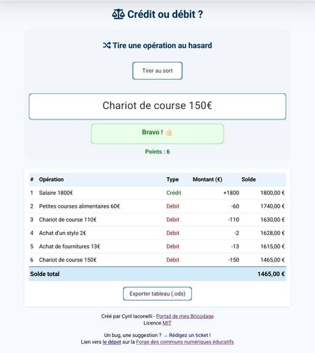 Copie d'écran de l'application avec plusieurs opérations l'opération au cours est un chariot de course à 150 €.