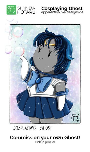 This image is an illustration. It shows an original character by the artist ShindaHotaru dressed as Sailor Mercury from the Japanese manga. This art is fanmade. The character has a very round body shape much like a potato with arms and legs, their skin is grey. Their hair is blue, the outfit is school and sailor uniform inspired with a blue bow on the chest and a blue skirt. Soap bubbles are flying up from the characters right hand. The character smiles at those bubbles. There is also text on the image: "Cosplaying Ghost. Commission your own Ghost! (link in profile)" At the top there's the logo of the artist ShindaHotaru and it says "Cosplaying Ghost apparentlyalive-designs.de"