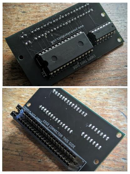 Photomontage showing 2 pictures, back and front, of a home assembled 16k memory module for Sinclair ZX81. One side has two chip holders with IC's inserted, and the other has the edge connector soldered on place. Soldering looks a bit patchy, but they all seem to be passable connections... Honestly.
