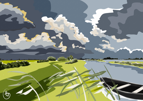 This digital drawing shows a landscape of a summer storm above a lake, with dark, threatening clouds and bright light contrasts. Along the shore grows reeds and lies a boat.

Created by @madebybertien.