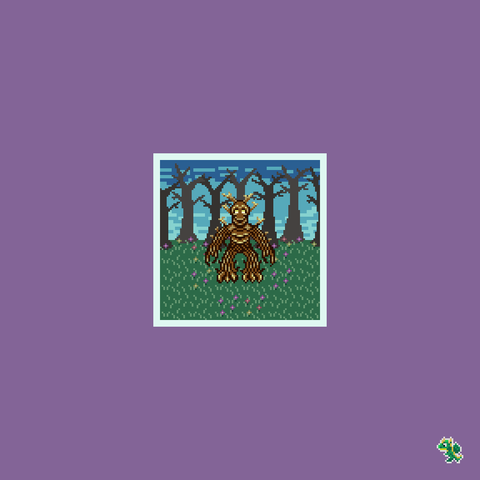 A pixel art drawing of a treant in a forest surrounded by flowers