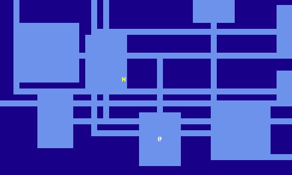 a white @ and a yellow N in a dungeon of rectangular rooms and straight corridors in light blue with walls in dark blue