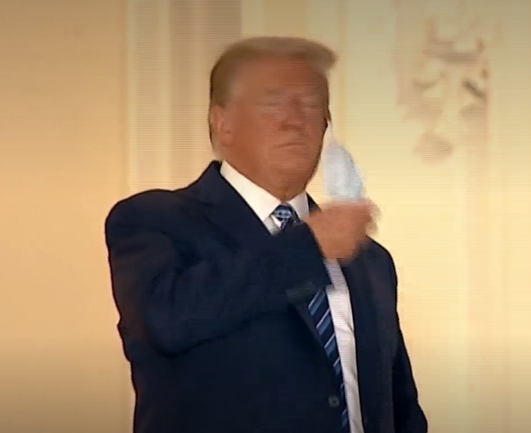 Trump on White House balcony, removing mask after heroically surviving #COVID in 2020.