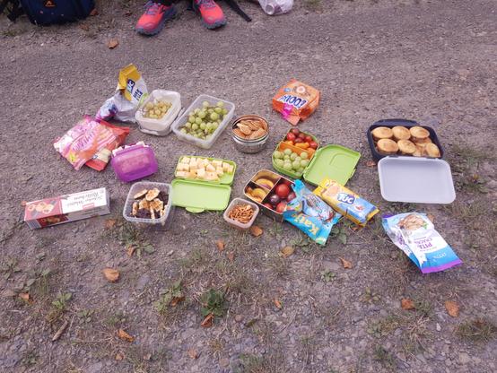 Tupperdosen stehen geöffnet auf dem Waldboden. Verschiedene Inhalte sind zu sehen, wie Muffins, Käsewürfel, Weintrauben, Kekse, Katjes... Am oberen Bildrand leuchten pinke Wanderschuhe.