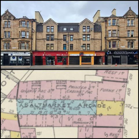 A photo of modern building designed to blend in with the surrounding 19th century tenements. Below this is a map showing this plot was once home to a covered arcade lined with small businesses.