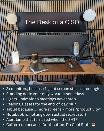 A standing desk with 2 minitors, 2 lights, a mic, a keyboard and a notebook