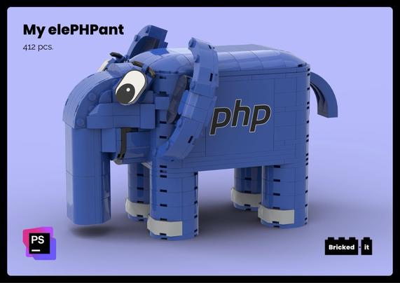 A PHP elephant built using LEGO bricks. The image includes the words “My elePHPant” and “412 pcs.” and includes the PhpStorm and Bricked-it logos.