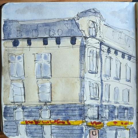 A rough sketch of a multi story House drawn in Fineliner and painted with watercolour