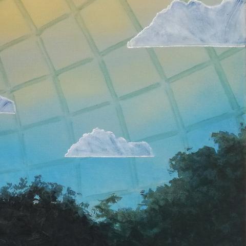 Painting by Aurel Porté depicting a canopy of trees inside a greenhouse. The metal framework is visible against the backlit sky. Three clouds appear high up, yet they are seen within the greenhouse rather than outside, suggesting a highly artificial environment.
