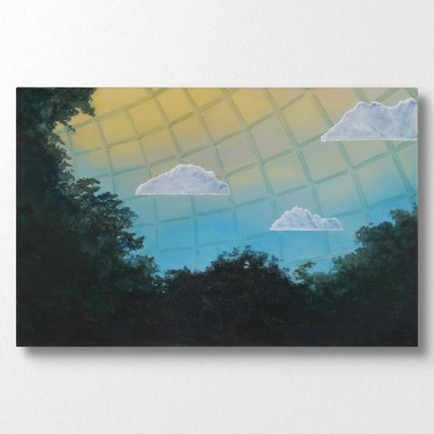 Painting by Aurel Porté depicting a canopy of trees inside a greenhouse. The metal framework is visible against the backlit sky. Three clouds appear high up, yet they are seen within the greenhouse rather than outside, suggesting a highly artificial environment.