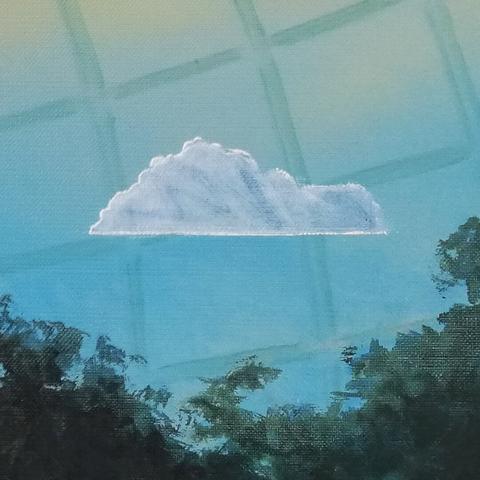 Painting by Aurel Porté depicting a canopy of trees inside a greenhouse. The metal framework is visible against the backlit sky. Three clouds appear high up, yet they are seen within the greenhouse rather than outside, suggesting a highly artificial environment.