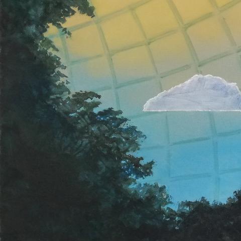 Painting by Aurel Porté depicting a canopy of trees inside a greenhouse. The metal framework is visible against the backlit sky. Three clouds appear high up, yet they are seen within the greenhouse rather than outside, suggesting a highly artificial environment.