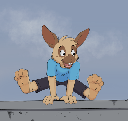 A rabbit in a light blue shirt and blue pants vaults over a concrete wall.