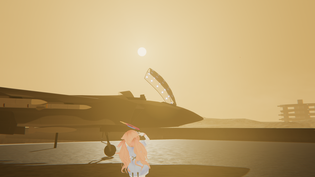 A view of the sun shining behind a fighter jet parked on the ground. An avatar salutes while looking towards the horizon.
