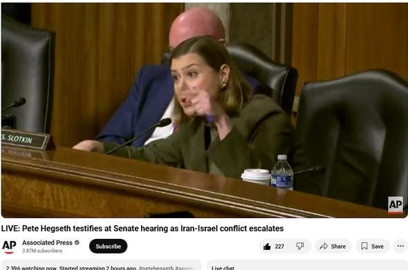 Senato Slotkin asks if Hegseth has given orders to use lethal force on protestors, she wants the answer to be no.