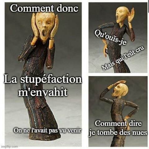 image composée de trois photos de sculptures inspirées de "Der Schrei" d'Edvard Munch.
Sur la première où elle se tient les joues, sont écrits les textes : "Comment donc", "la stupefaction m'envahit", "on ne l'avait pas vu venir".
Sur la deuxième, avec une main à l'oreille : "Qu'ouïs-je", "mais qui l'eût cru".
Sur la troisième, la main sur le front : "Comment dire je tombe des nues".