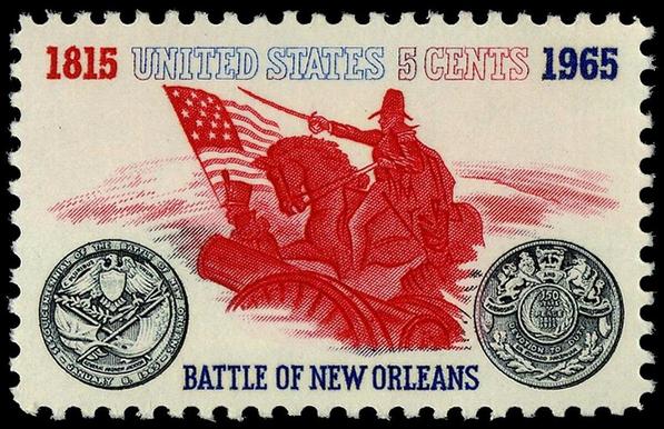 The image is a postage stamp from the United States, issued in 1965, with a denomination of 5 cents. The stamp commemorates the Battle of New Orleans, which took place in 1815. The central illustration depicts a soldier on horseback, holding an American flag and a sword, symbolizing the victory of the United States. The soldier is dressed in historical military attire, including a tricorn hat and a coat with a sash. The background features a stylized representation of the battlefield.

The top of the stamp displays the years "1815" and "1965" in red and blue, respectively, with the text "UNITED STATES 5 CENTS" in between. Below the illustration, the text "BATTLE OF NEW ORLEANS" is printed in blue. On the left side of the stamp, there is a circular emblem with the text "CENTENNIAL OF THE BATTLE OF NEW ORLEANS JANUARY 8, 1815." On the right side, there is another circular emblem with the text "150 YEARS SINCE THE BATTLE OF NEW ORLEANS JANUARY 8, 1965." The overall color scheme of the stamp is red, blue, and black, with a white background.

Provided by @altbot, generated privately and locally using Ovis2-8B