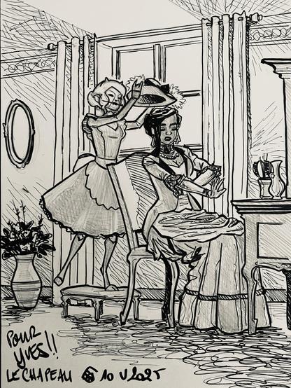 An traditionally inked scene featuring Esther and Érié in a vintage Victorian setting. Érié is standing on a chair, lifting a hat above her mistress’ head, while Esther sits, dressed elegantly and adjusting her gloves. The background includes a mirror, curtains, and a flower pot