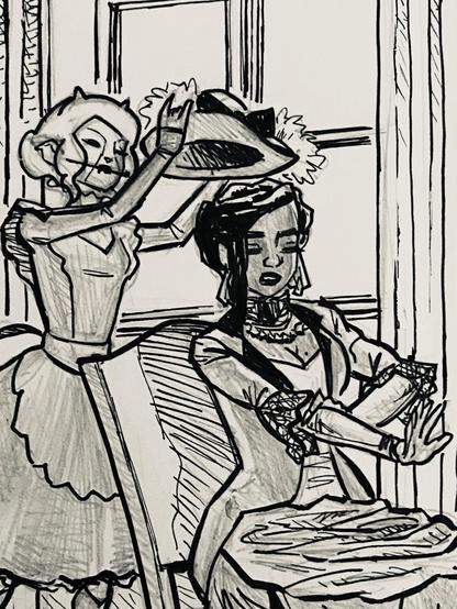 Excerpt from a signin art: Esther is putting a glove while Erie is putting a hat on her mistress head