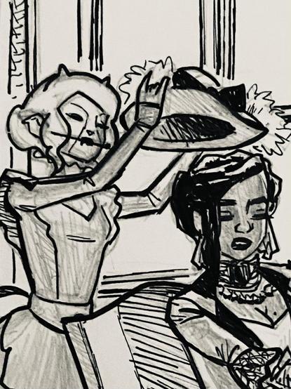 Excerpt from a signin art: Esther is putting a glove while Erie is putting a hat on her mistress head (more zoomed)