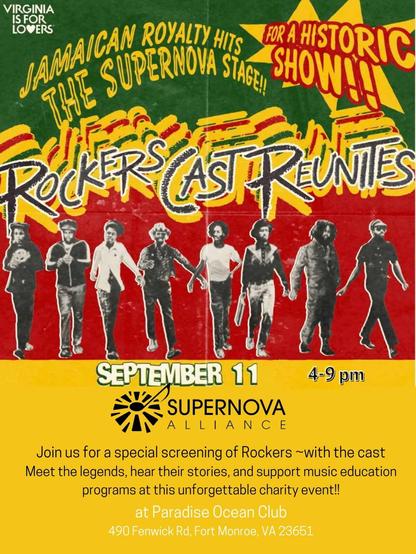Join us for a special screening of Rockers ~with the cast Meet the legends, hear their stories, and support music education programs at this unforgettable charity event!! at Paradise Ocean Club
490 Fenwick Rd, Fort Monroe, VA 23651, September 11, 2025 4pm
Join us for a special screening of Rockers ~with the cast Meet the legends, hear their stories, and support music education programs at this unforgettable charity event!! at Paradise Ocean Club
490 Fenwick Rd, Fort Monroe, VA 23651, September 11, 2025 4pm