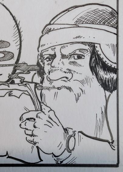 Close up of a black and white panel showing a skeptical, old dwarf exhaling smoke as he looks up from the papers in his hand.