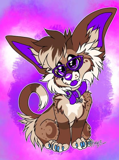 A drawing of a non-anthropomorphic female chihuahua sitting down and facing the viewer. She has her head tilted slightly to one side, big innocent eyes, and a smile with a little tongue blep.