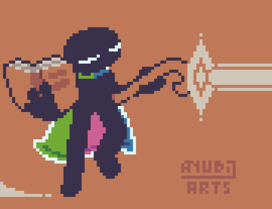A Pixel Art featuring Darky, a dark blob that has a humanoid shape. They're a wizard, with them wearing a cape that changes color depending from where it's being looked from, holding a giant book with one hand, and casting a spell with a staff with the other. They have a relaxed expression.

Redesigning forgotten OCs since 2020.