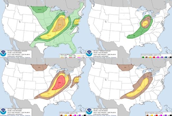 Severe thunderstorms are expected this afternoon and evening from parts of southeast Missouri northeastward to the southern Great Lakes. Scattered to numerous damaging winds, isolated large hail, and tornadoes all appear possible. Severe thunderstorms with damaging winds may also develop across parts of the Mid-Atlantic.  #WeatherAwareDay #weather #wx #SPC #TheOutpost #SevereWeather 


Severe Thunderstorms and Heavy Rainfall Across the Midwest into the Great Lakes Region; Significant Heat in the Southwest
Strong to severe storms may produce damaging winds, isolated hail, and a few tornadoes from the Midwest into the lower Great Lakes. These storms may also produce areas of heavy rain and flash flooding. Significant heat will continue across parts of the Desert Southwest into western Texas and north Alaska. Dangerous heat will also build into the Eastern and Central U.S. and continue into next week.