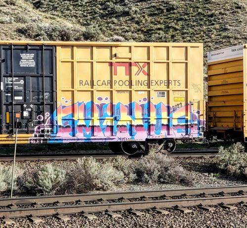 Train car with graffiti rolling through Kamloops BC Canada