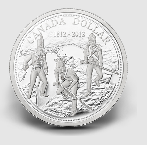 The image shows a silver coin with a detailed engraving. The coin is a Canada Dollar, as indicated by the text "CANADA DOLLAR" at the top. The years "1812 - 2012" are inscribed above the central scene, marking the bicentennial of the War of 1812. The coin features three figures: a soldier in a tall, feathered hat on the left, a Native American in the center, and another soldier on the right. All three figures are holding rifles, suggesting a historical military context. The background depicts a rugged landscape, possibly representing a battlefield. The coin's edge is beaded, and the overall design is highly detailed, with the figures and landscape rendered in relief.

Provided by @altbot, generated privately and locally using Ovis2-8B