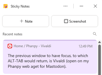 If I tab AWAY, unless I blow it open to its own little subwindow, the note itself closes (which I guess is reasonable). And for some reason the "+Note" and "Screenshot" buttons now appear. The addition of these buttons now shifts my list of notes down, visually disruptive.