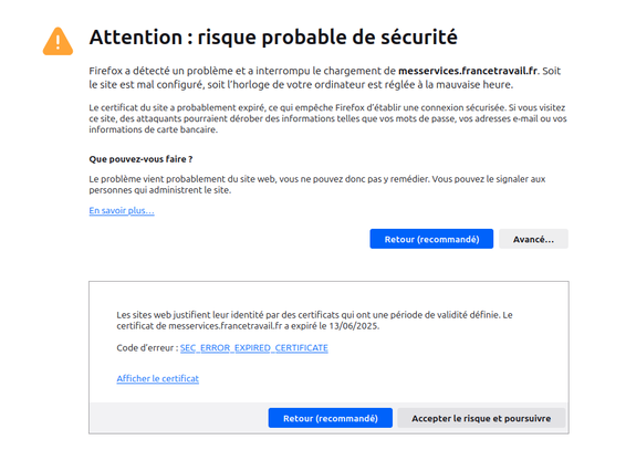 Capture d'écran d'un site de France Travail dont Firefox bloque l'accès par défaut car son certificat a expiré depuis 6 jours.