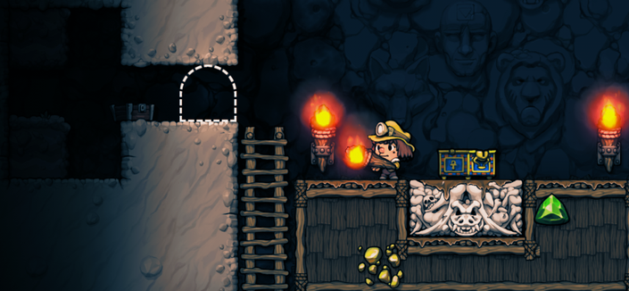 Ausschnitt aus einem Screenshot aus dem Spiel Spelunky 2.
Der Ausschnitt zeigt 2 Räume, die miteinander verbunden sind, einer der Räume ist eine kleine dunkle Höhle mit einer Schatztruhe aus Holz, der andere ein großer Raum mit Fackeln an den Wänden und einer blau-goldenen, wertvoll aussehenden Truhe mit einem Ankh auf der Seite.

Besonders an dem Bild ist, dass die beiden Räume nicht durch mindestens eine Kachel breite Wand getrennt sind, sondern man durch die Tür der Höhle direkt in beide Räume kommt.

(Der Rest ist nur für die Botschaft nicht relevante Bildbeschreibung und kann übersprungen werden)

Auf der Wand hinter der gold-blauen Truhe befinden sich 4 in den Stein gemeißelte Tierköpfe und in der Mitte ein Menschenkopf, alle etwas in der größe wie die Spielfigur Ana, ein Mädchen mit übergroß stilisiertem Kopf mit einem an Indiana Jones angelehnten Lederhut, der wegen der gelben Farbe und einer Helmlampe an einen Bergarbeiterhelm erinnert.
Sie steht am linken Rand einer Holzplattform, neben einer nach unten führenden Leiter, hinter ihr die Ankhtruhe, die auf einem Gebilde aus Knochen, mit einem Krokodilschädel in der Mitte, das mit Leder bedeckt wurde steht.
Beide Truhen sind bereits geöffnet und geleert.

Es handelt sich um ein 2D Spiel aus der Seitenperspektive und man kann im Holz Goldbrocken und einen grünen Edelstein sehen, die man mit einer Bombe freisprengen könnte, was aber bei dem Wert einer Bombe in dem Spiel nicht sinnvoll wäre.