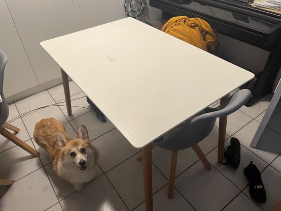 photo d’une table rectangulaire blanche avec des pieds en bois clair