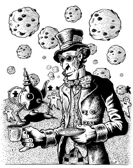 Un personnage inspiré par le Chapelier Fou d'Alice au Pays des merveilles tient une tasse de thé. Derrière lui danse une théière et des biscuits Bonhommes Pain d'épice tandis que dans le ciel flottent des brownies géants.


A character inspired by the Mad Hatter from Alice in Wonderland holds a cup of tea. Behind him dances a teapot and gingerbread men, while giant brownies float in the sky.