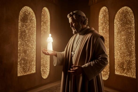A pope is holding a hologram in his hand