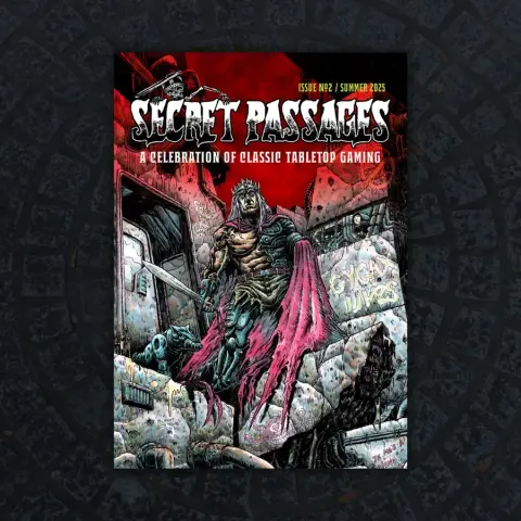 A vibrant comic-style cover for "Secret Passages Issue 2" features a muscular, armored figure with a crown and flowing red cape, standing confidently amidst a gritty, urban backdrop. The character wields a sword and is surrounded by crumbling walls adorned with graffiti, evoking a sense of adventure and nostalgia for classic tabletop gaming. The title is prominently displayed at the top in bold, stylized lettering, with a red and black color scheme enhancing the dramatic atmosphere.