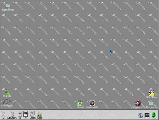 A basic desktop screenshot from RISC OS 4.39 taken from my RiscPC before the boot drive failed. It's got a custom theme applied so the "Task Manager" and folder icons from the Acorn build of RISC OS 4 for the Phoebe 2100.