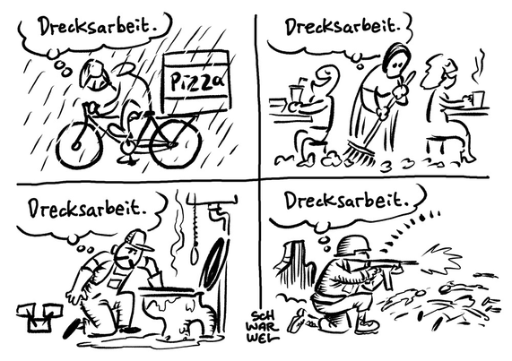 Vier Bilder. Ein ulrainischer Pizzalieferant auf dem Fahrrad im strömenden Regen denkt: „Drecksarbeit.“ Eine muslimische Reinigungskraft kehrt zwischen Fast-Food-Essenden den Müll weg und denkt: „Drecksarbeit.“ Ein syrischer Sanitärklempner hat seinen behandschuhten Arm bis zur Schulter in einer verstopften Kloschüssel und denkt: „Drecksarbeit.“ Ein istaelischer Soldat knallt iranische Revolutionsgarden ab und denkt: „Drecksarbeit.“ (Credit: SCHWARWEL)