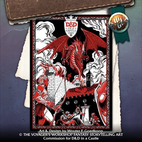 A black, red and white line art illustration of a party of adventurers standing, arms at the ready, in front of a castle with a red dragon flying overhead and about to lunge towards them.
