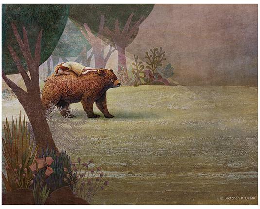 Early in the morning, at the edge of a forest of brown and purple, greens and gold, a smiling bear pads quietly across the grass. Caught in a sunbeam, a young girl in a flowered yellow dress is sleeping upon his back, her arms folded under her head. Plants, like ferns and budding flowers, line each side of the glade.