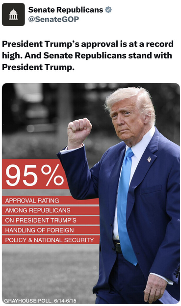 Donlad Trump raising fist. Written :95% APPROVAL RATING AMONG REPUBLICANS ON PRESIDENT TRUMP'S HANDLING OF FORIEGN POLICY & NATIONAL SECURITY