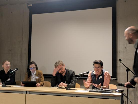 Gabriel Ku Wei Bin from the Free Software Foundation Europe, Katarzyna Szymielewicz from the Panoptykon Foundation, Anna Fajfer from Fundacja Wolnego Oprogramowania Reszka, Radosław Czajka from the Wolne Lektury Foundation, and FSF licensing manager Krzysztof Siewicz