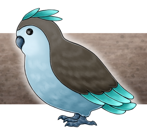 Cartoon style drawing of an owl-like bird, with bulky body, short tail and curved beak. It's brown on back side, gray on belly, with teal/green feathers on tail, wings and tip of its head. It's depicted on soil-like blurry brown background.