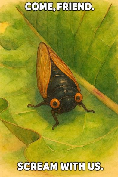 Color illustration of a cicada on a leaf. 

Text: Come, friend. Scream with us.